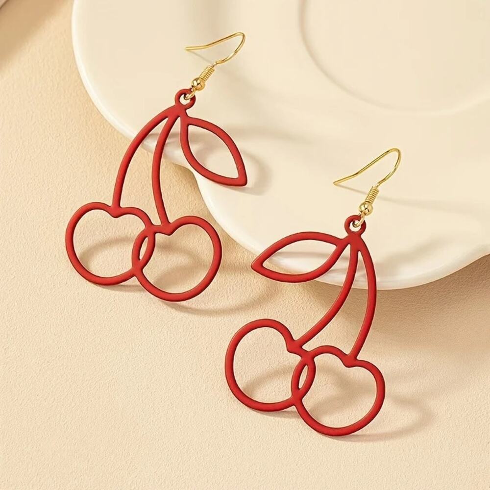 NEW Long Cherry Drop Earrings, Cute Red Fruit Dangle Earrings, Cherry Bomb - Picture 2 of 4